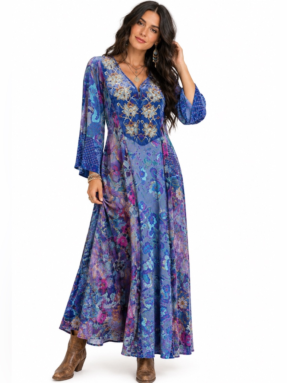 Soft Surroundings Boho Blue and Purple Floral Embroidered Velvet Neck Maxi Dress